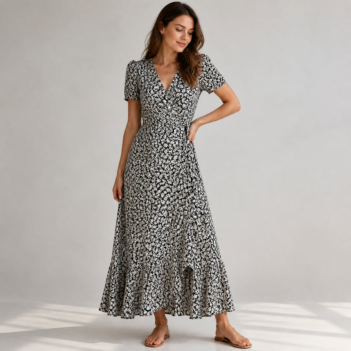 Bettina Floral Wrap Maxi in black and white floral, front view