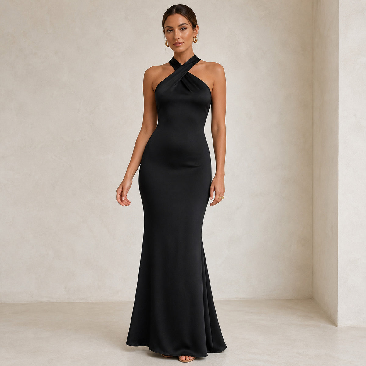 Seraphina Fishtail Maxi in black, front view