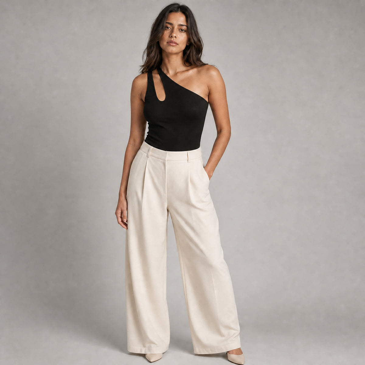 Nova One-Shoulder Bodysuit in black, front view