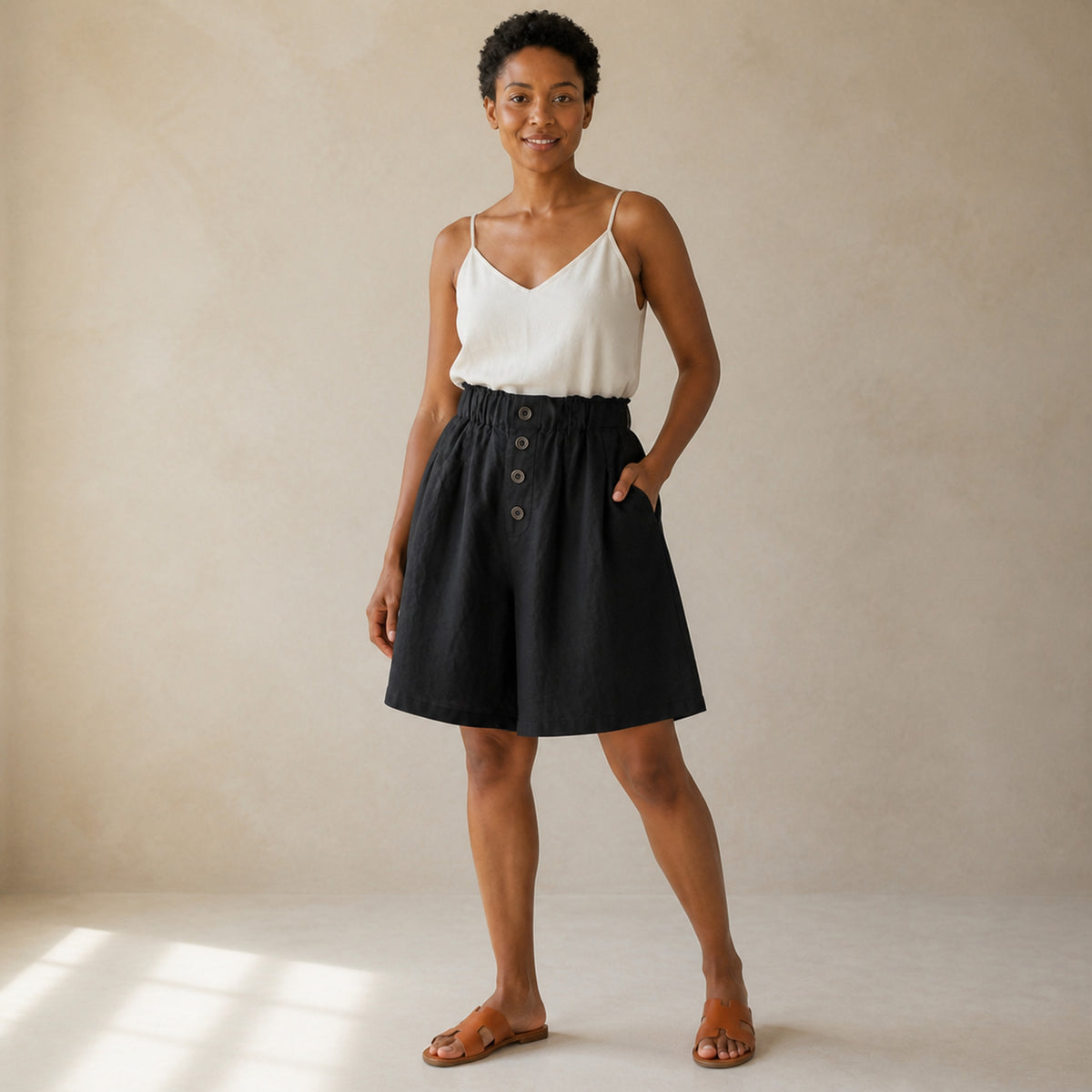 Wren Wide-Leg Shorts in black, front view