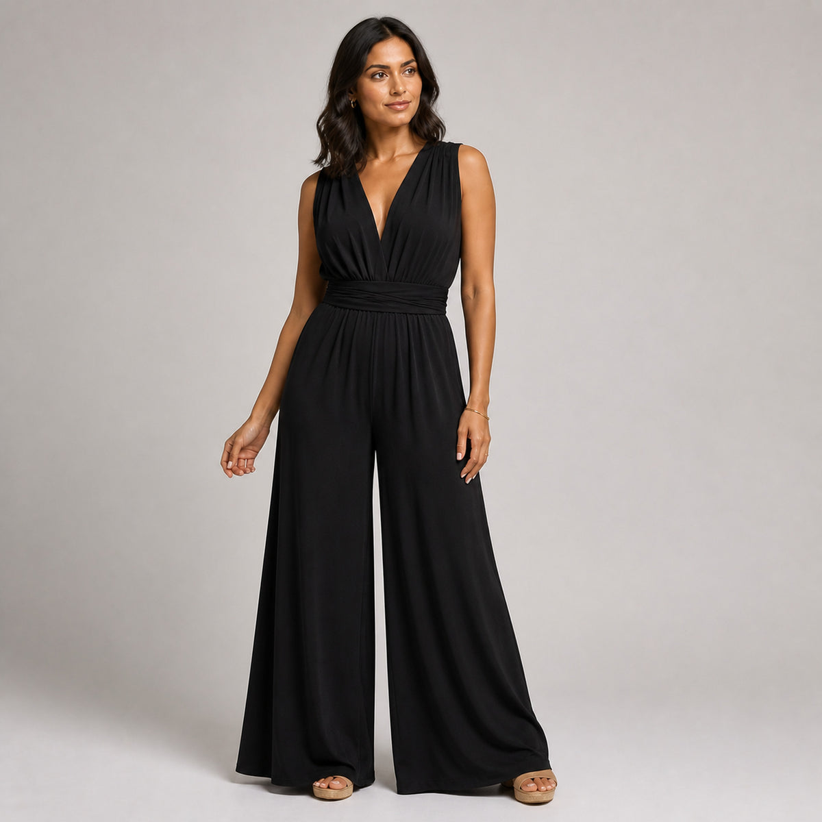 Iris V-Neck Jumpsuit in black, front view