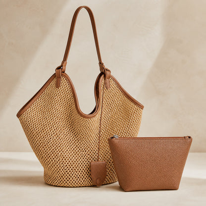 Odile Woven Tote in brown with its matching zip pouch