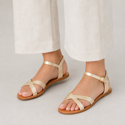Cleo Cross-Strap Sandals in champagne, front view