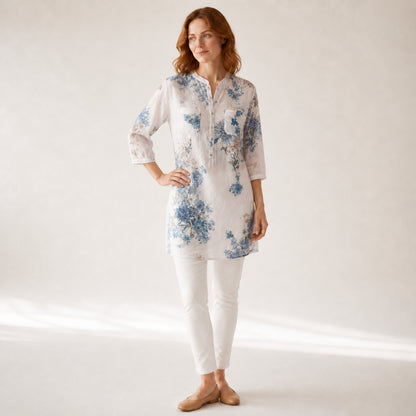 Marnie Floral Linen Shirt in blue floral, front view