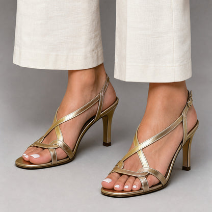 Aurelia Heels in gold, front view