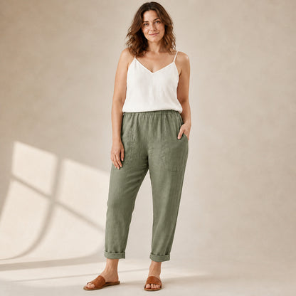 Sadie Linen Trousers in green, front view