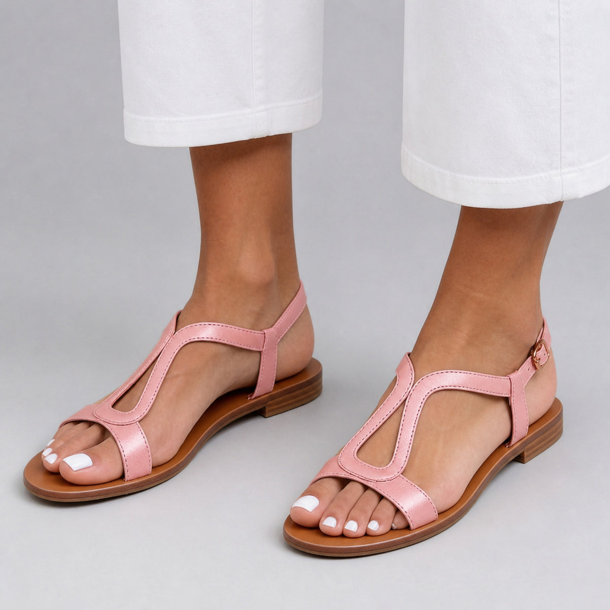 Elsie T-Bar Sandals in pink, front view
