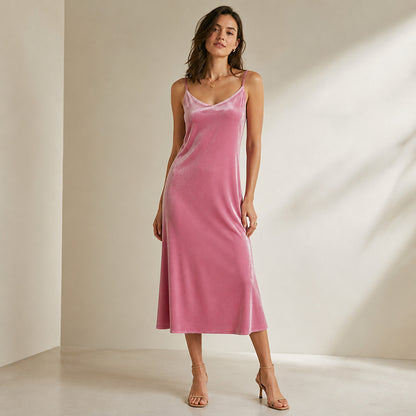 Margot Velvet Slip Midi in pink, front view