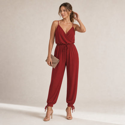 Romy Wrap Jumpsuit in red, front view