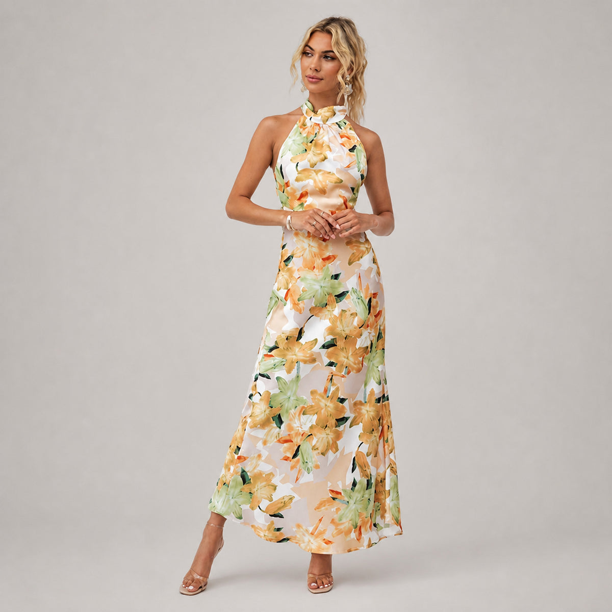 Cressida Floral Halter Maxi in yellow floral, front view