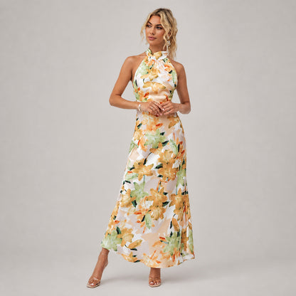 Cressida Floral Halter Maxi in yellow floral, front view