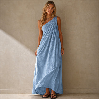 Fleur One-Shoulder Linen Maxi in blue, front view