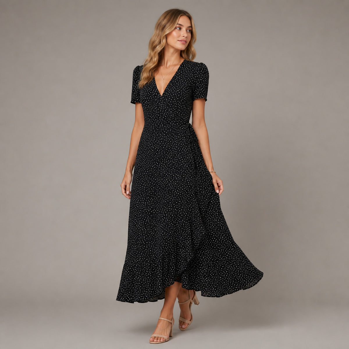 Bettina Floral Wrap Maxi in black, front view