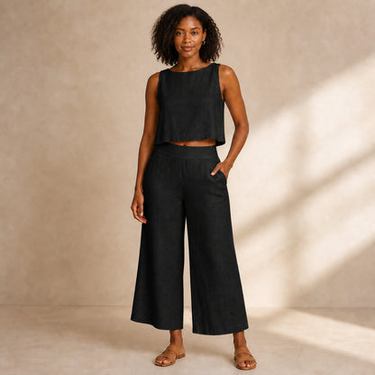 Margot Linen Two-Piece in black, front view