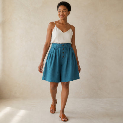 Wren Wide-Leg Shorts in blue, front view