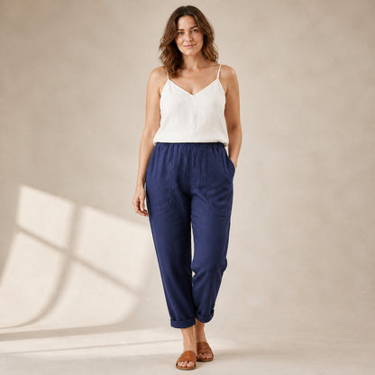 Sadie Linen Trousers in dark blue, front view