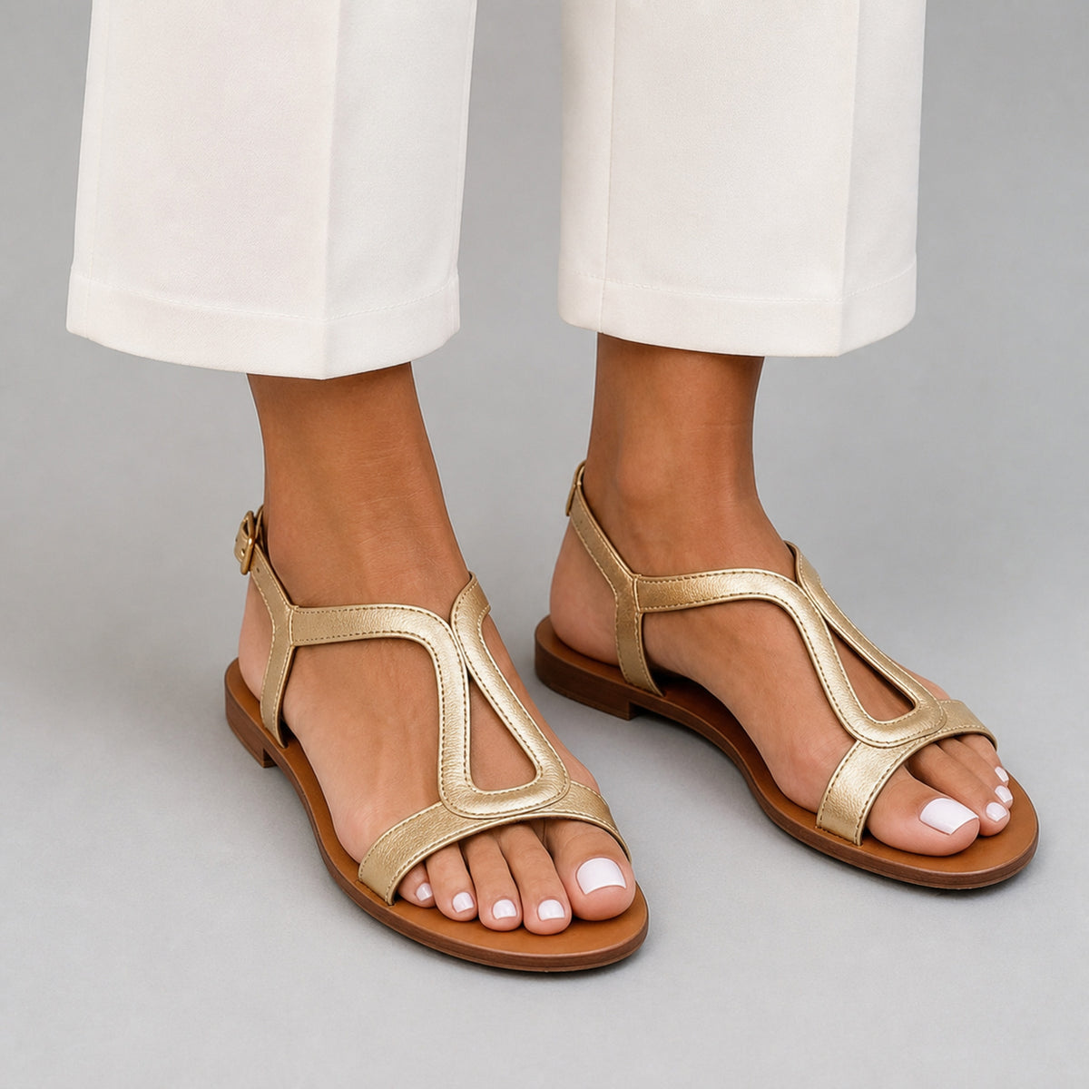 Elsie T-Bar Sandals in gold, front view