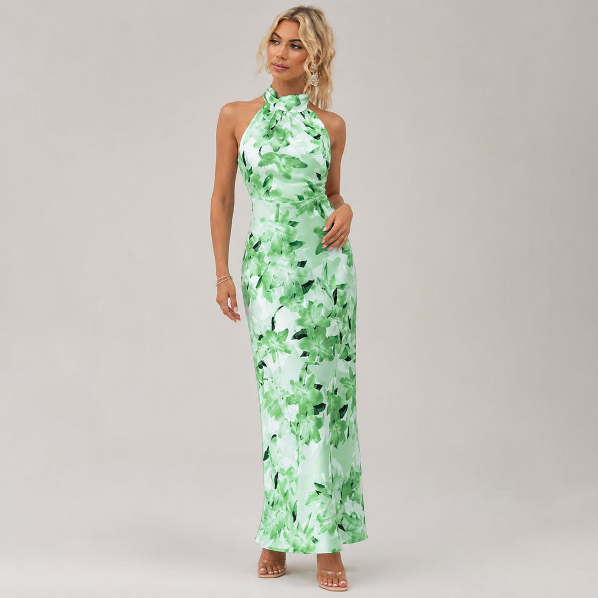 Cressida Floral Halter Maxi in green floral, front view