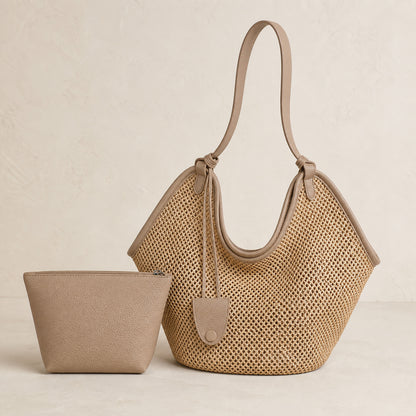 Odile Woven Tote in khaki with its matching zip pouch