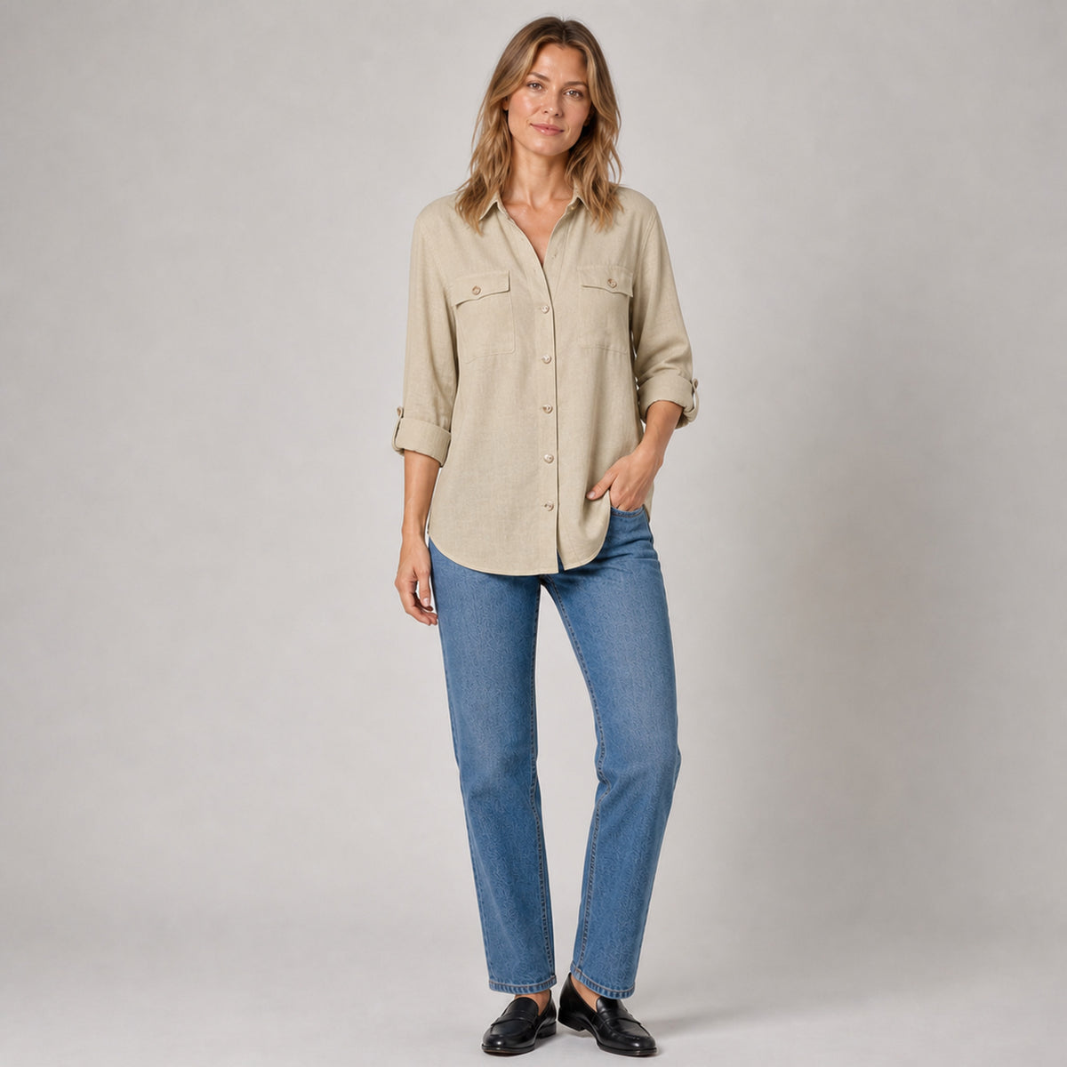 Elle Button Shirt in khaki, front view
