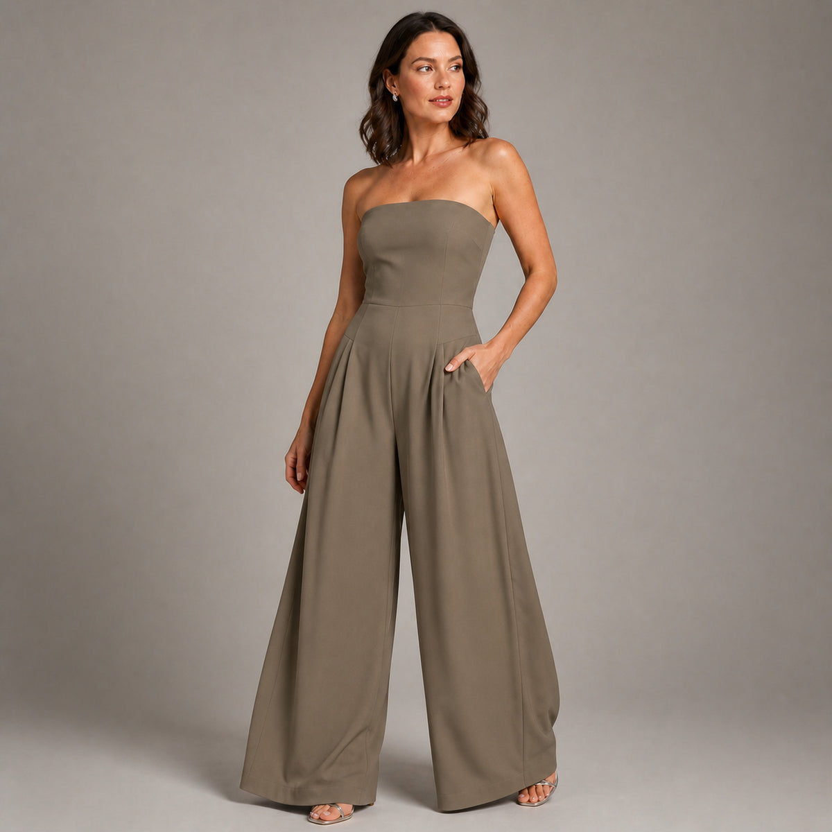 Sloane Strapless Jumpsuit in khaki, front view