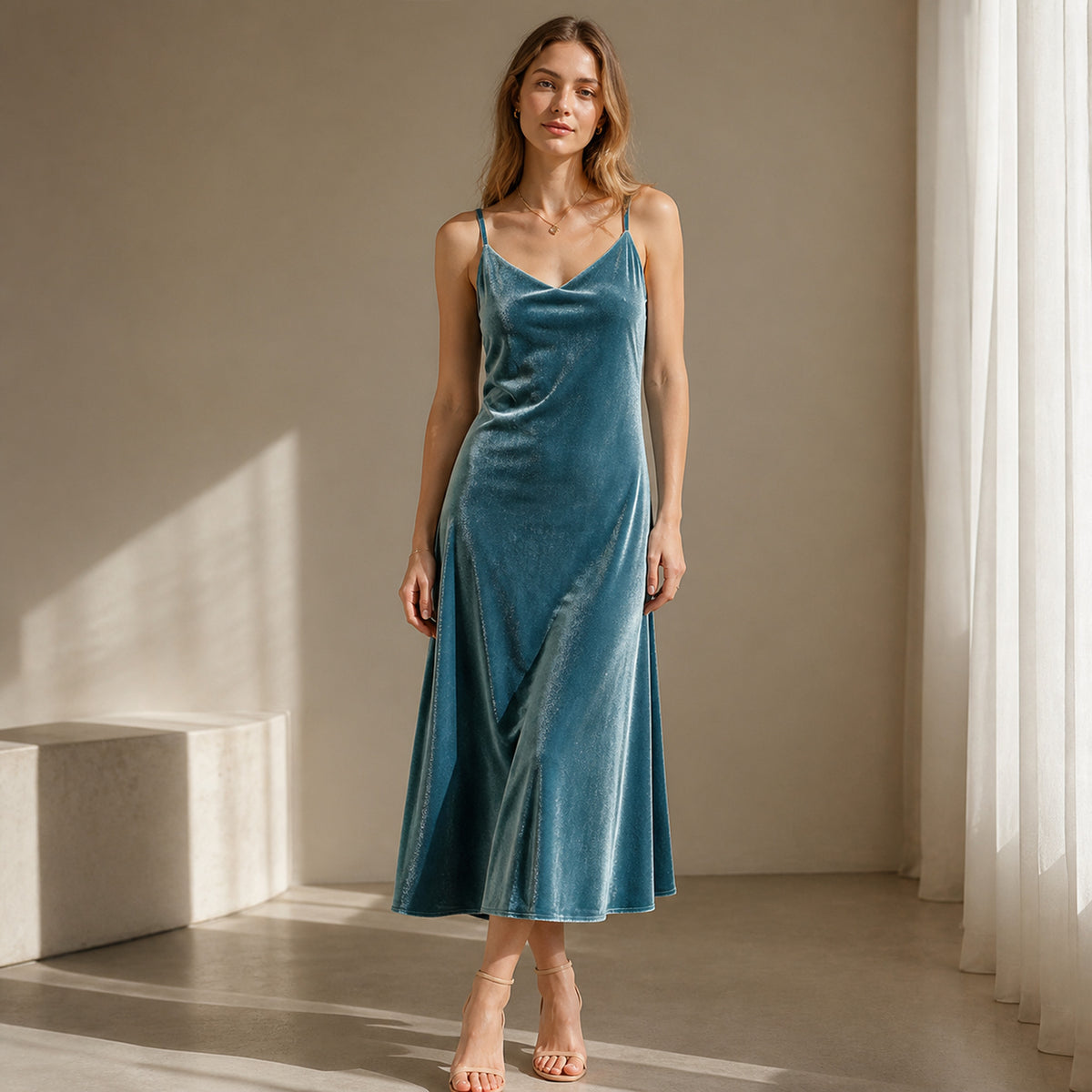 Margot Velvet Slip Midi in light blue, front view