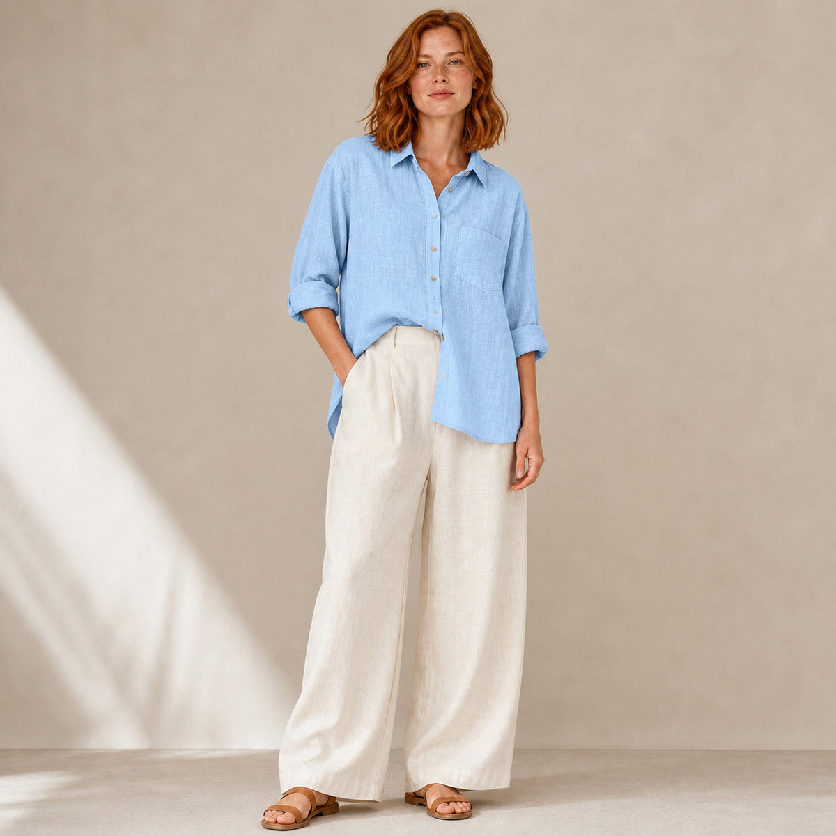 Isla Linen Shirt in light blue, front view