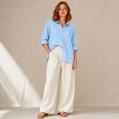 Isla Linen Shirt in light blue, front view