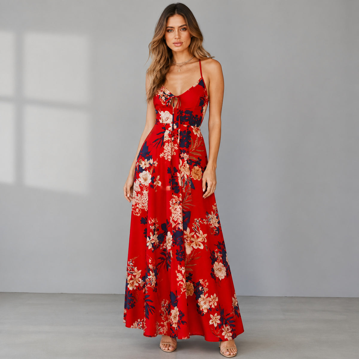 Marisa Floral Split Maxi in red floral, front view