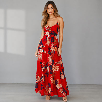 Marisa Floral Split Maxi in red floral, front view