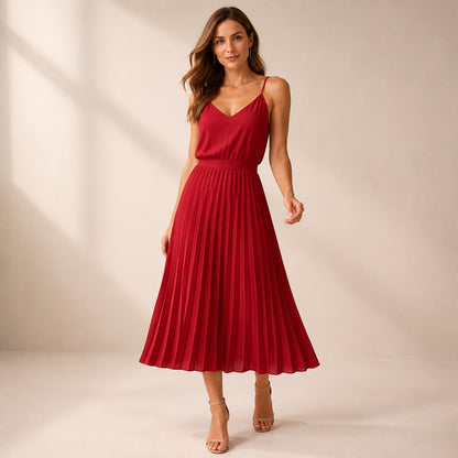 Anais Pleated Midi in red, front view