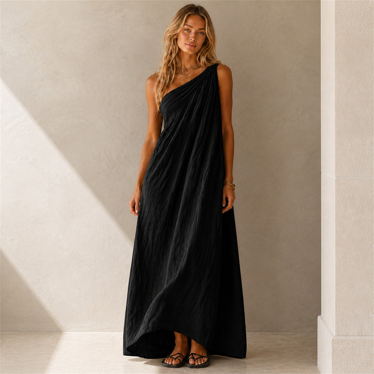 Fleur One-Shoulder Linen Maxi in black, front view