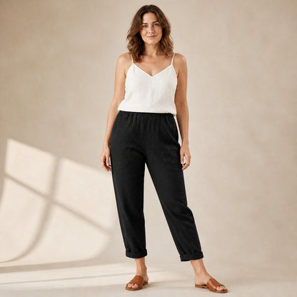 Sadie Linen Trousers in black, front view