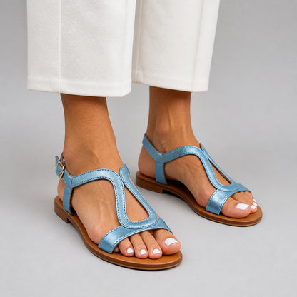 Elsie T-Bar Sandals in blue, front view
