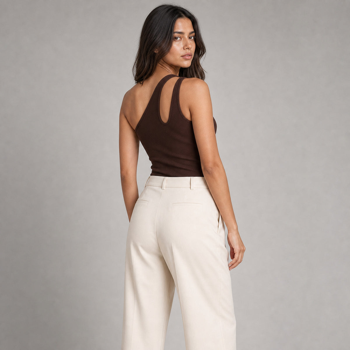Nova One-Shoulder Bodysuit in brown, back view