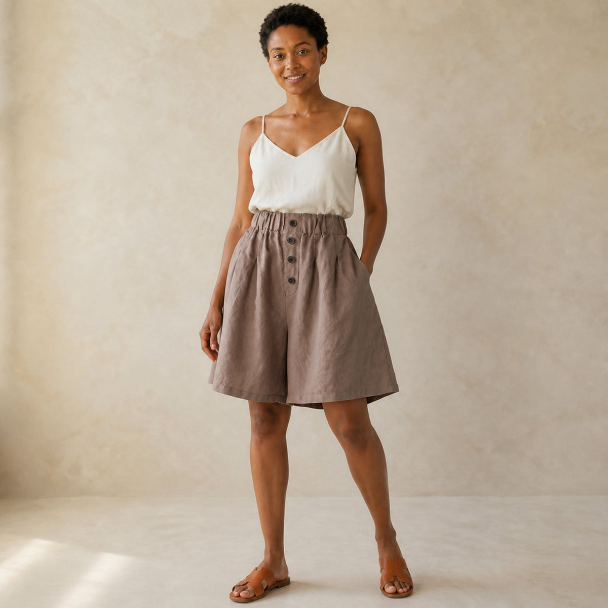 Wren Wide-Leg Shorts in coffee brown, front view