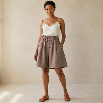 Wren Wide-Leg Shorts in coffee brown, front view