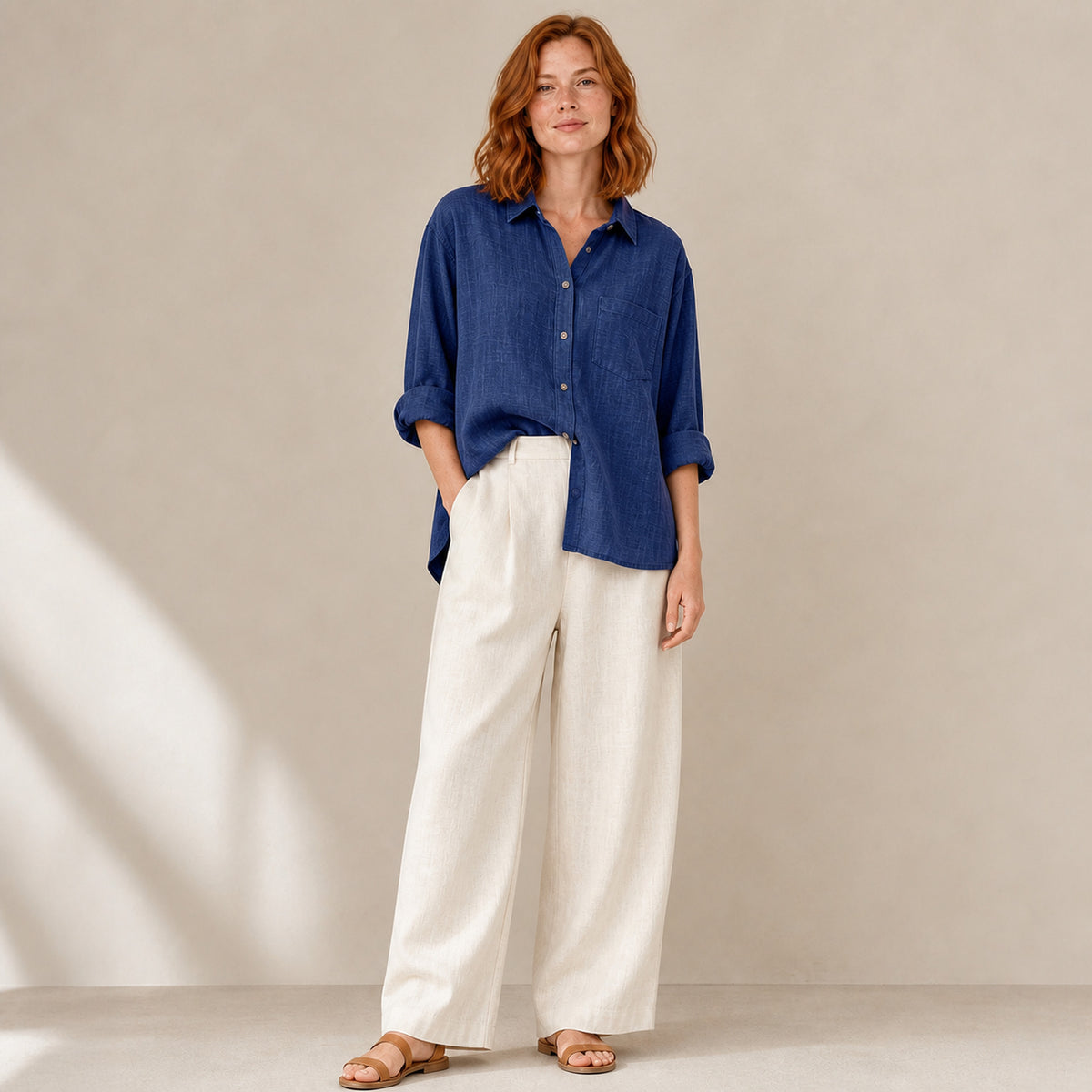 Isla Linen Shirt in dark blue, front view