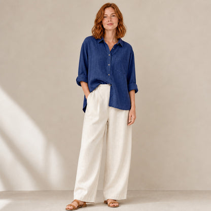 Isla Linen Shirt in dark blue, front view