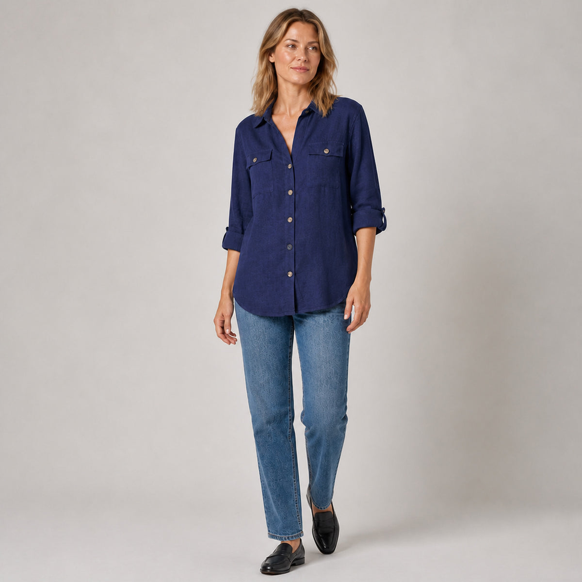 Elle Button Shirt in dark blue, front view