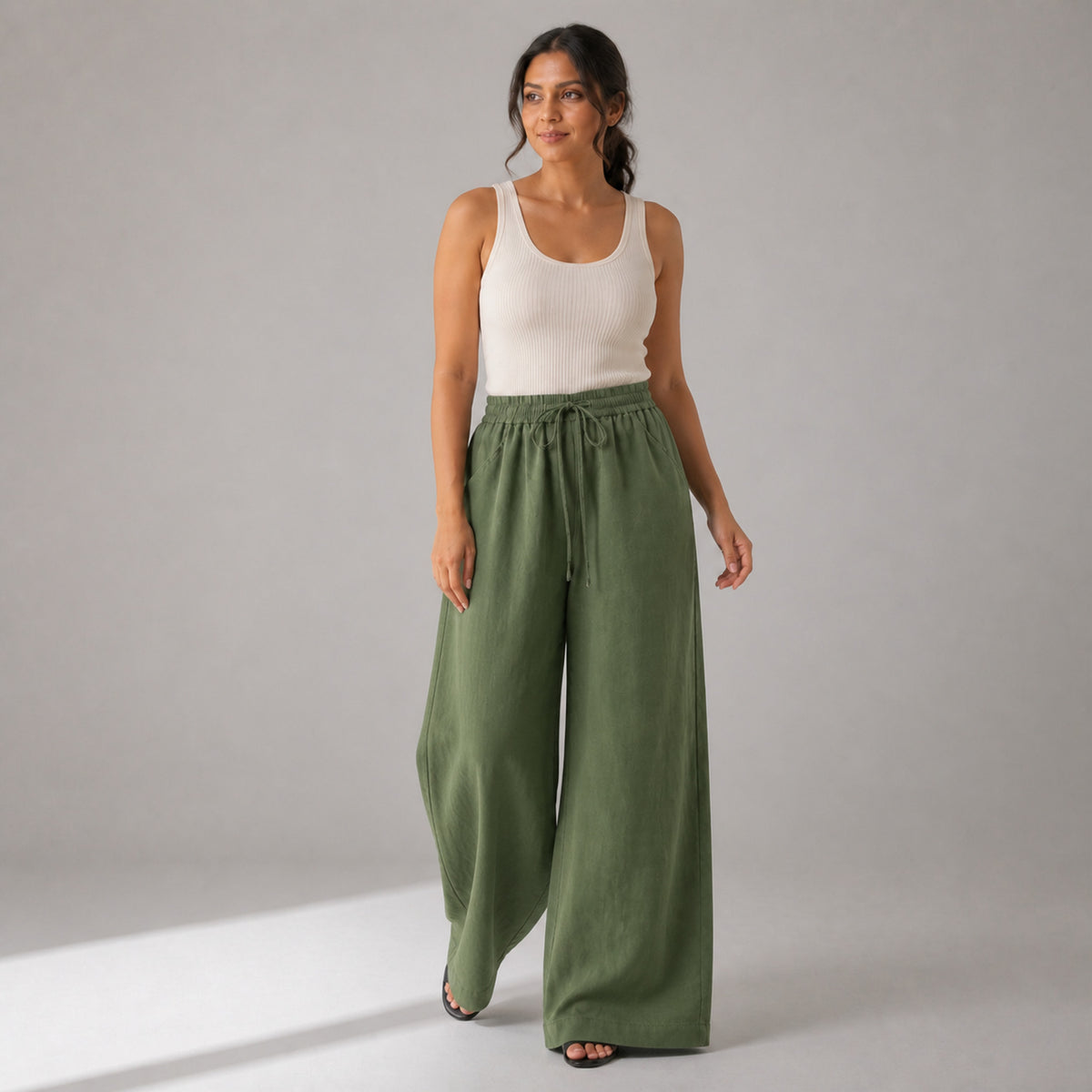 Billie Linen Trousers in green, front view