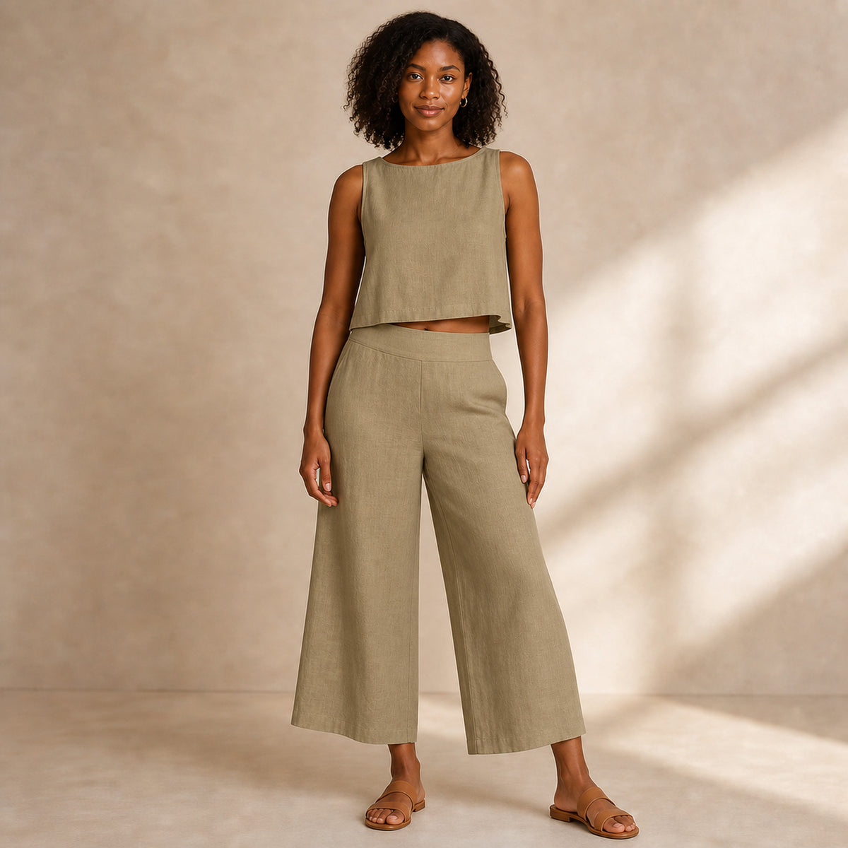 Margot Linen Two-Piece in khaki, front view