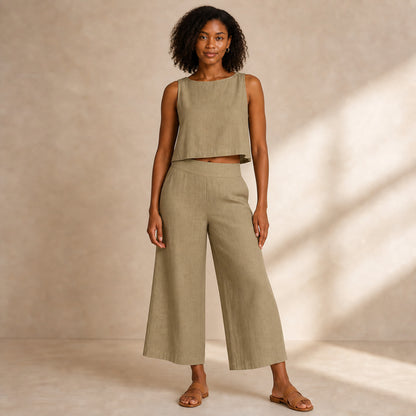 Margot Linen Two-Piece in khaki, front view