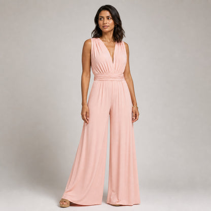 Iris V-Neck Jumpsuit in peach, front view