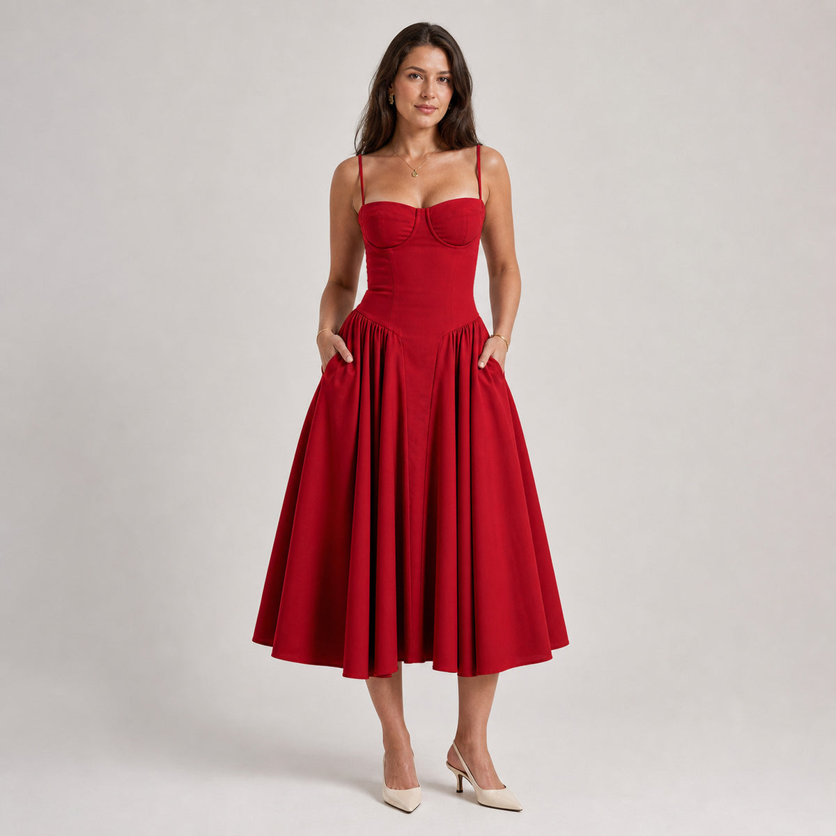 Colette Corset Midi in red, front view