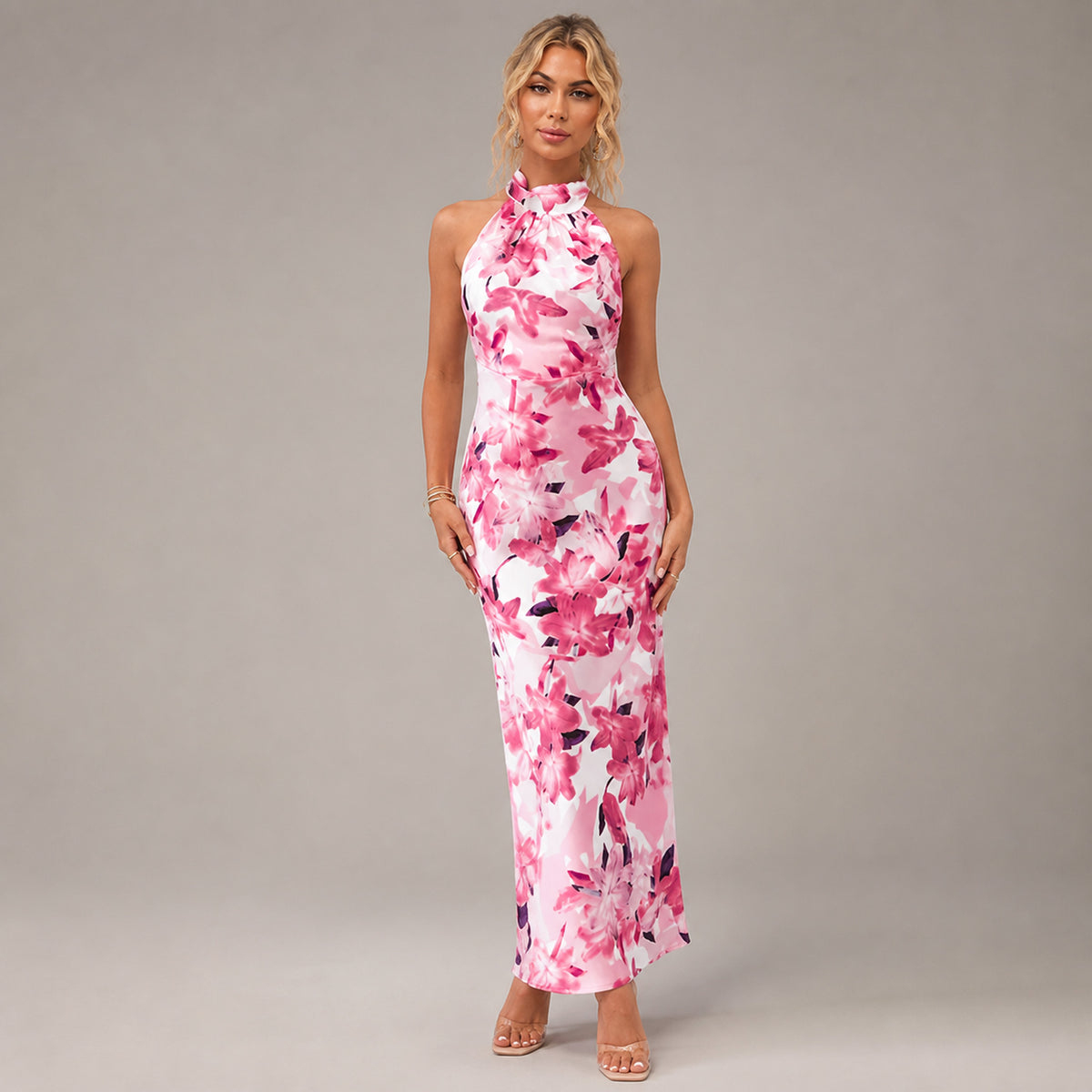 Cressida Floral Halter Maxi in red floral, front view