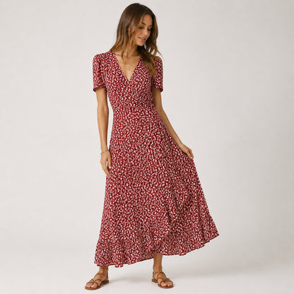 Bettina Floral Wrap Maxi in wine red, front view