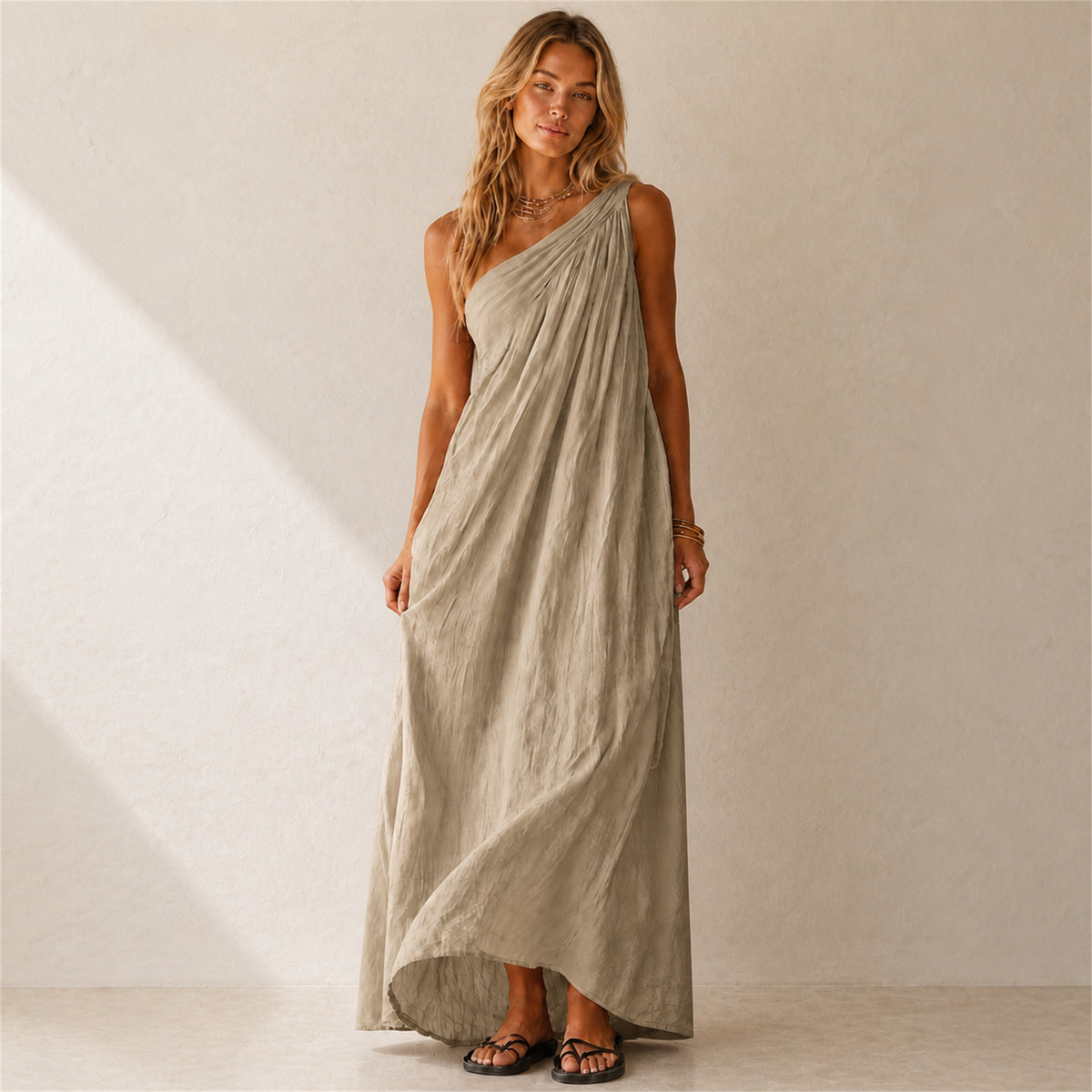 Fleur One-Shoulder Linen Maxi in khaki, front view