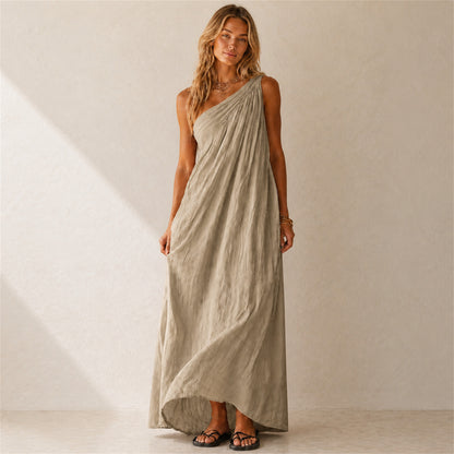 Fleur One-Shoulder Linen Maxi in khaki, front view