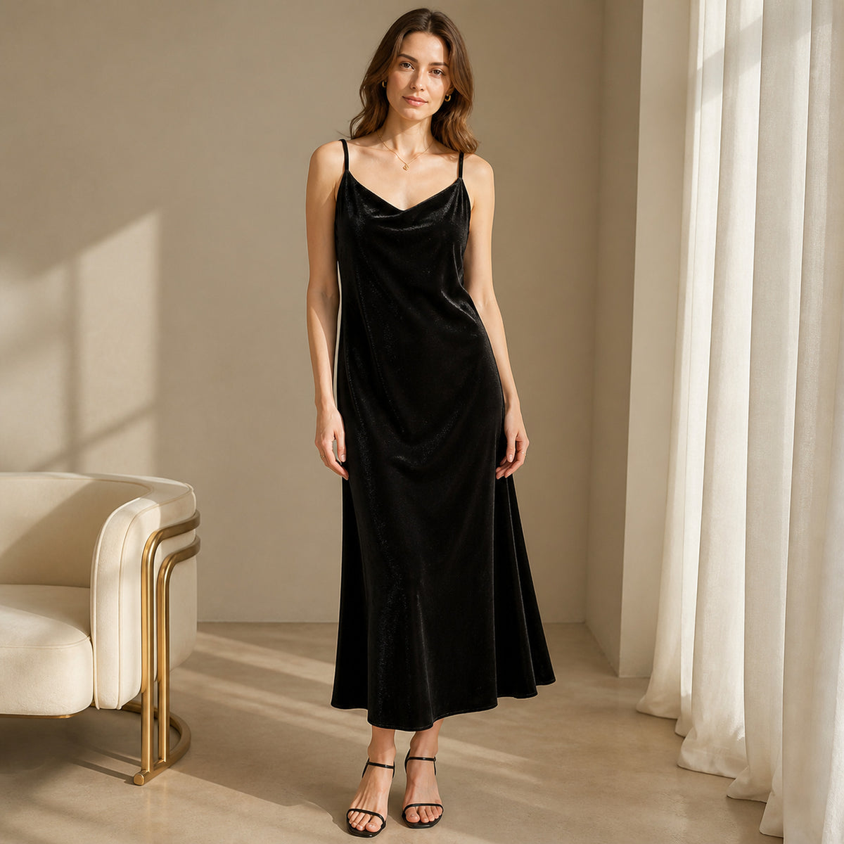 Margot Velvet Slip Midi in black, front view